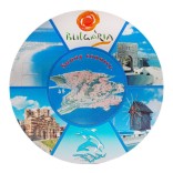 Кръгла магнитна пластина с лазерна графика - логото на България, забележителности в Несебър и Калиакра