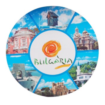 Кръгла магнитна пластина с лазерна графика - логото на България и забележителности във Варна, Несебър, Калиакра и Балчик