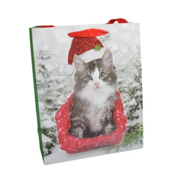 Подаръчна торбичка - котенце с коледна шапка