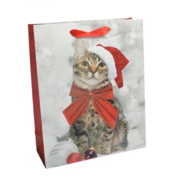 Подаръчна торбичка - котенце с коледна шапка