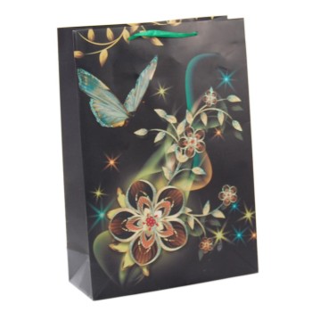 Стилна подаръчна торбичка с брокат - пеперуди и цветя