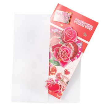 Валентинска картичка декорирана с брокат и 3D елементи - рози, сърца и надпис I love you
