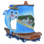 Релефна фигурка с магнит - платноходка с делфин - морски пейзаж - България