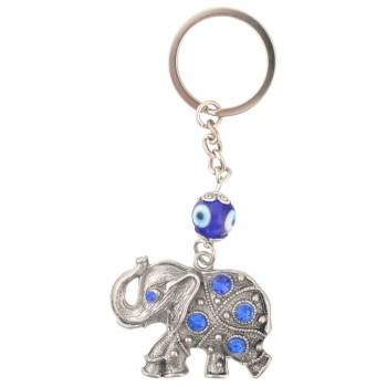 Сувенирен ключодържател с фигурка - слонче, декорирано със сини камъчета
