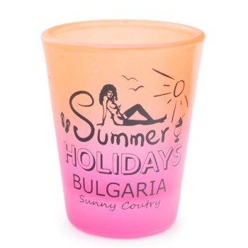 Сувенирна чаша за шот, декорирана с излегната жена и надпис - Summer Holidays Bulgaria Sunny country