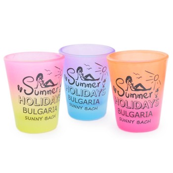 Сувенирна чаша за шот, декорирана с излегната жена и надпис - Summer Holidays Bulgaria Sunny beach