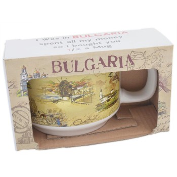 Сувенирна керамична чаша, декорирана със забележителности от Българското черноморие и забавен надпис
