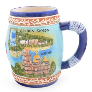 Сувенирна керамична чаша с релефни забележителности от Балчик, Варна, Златни пясъци, Слънчев бряг и Несебър