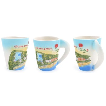 Сувенирна керамична чаша с релефни забележителности от Златни пясъци и логото на България