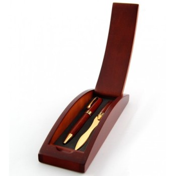 Луксозен комплект - писалка и нож за рязане на хартия в дървена кутия - 20х6см