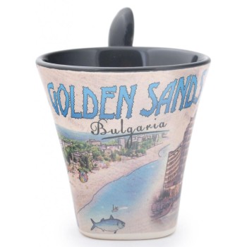 Сувенирна керамична чаша с лъжичка, декорирана с изгледи от Златни пясъци