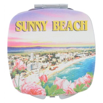 Сувенирно джобно огледало, декорирано с изглед на плажната ивица и хотели от Слънчев бряг