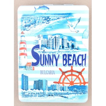 Сувенирно джобно огледало, декорирано с изглед на плажната ивица и хотели от Слънчев бряг и морски мотиви