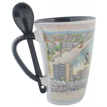 Сувенирна керамична чаша с лъжичка - хотели и крайбрежна ивица от Слънчев бряг
