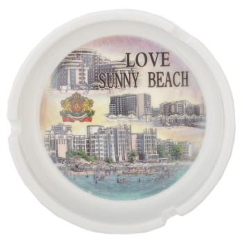 Сувенирен керамичен пепелник с лазерна графика - хотели и плажна ивица от Слънчев бряг