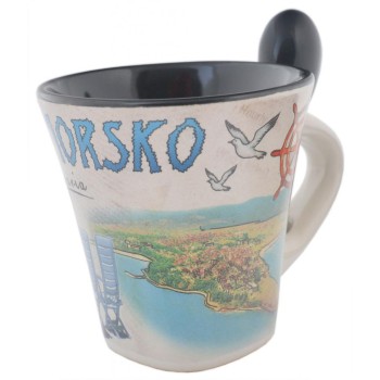 Сувенирна керамична чаша с лъжичка - изглед от Приморско и морски мотиви