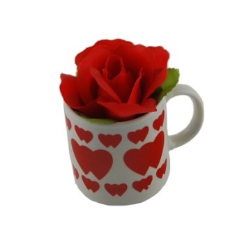 Декоративна роза от плат в порцеланова чаша с тематичен принт - 6см