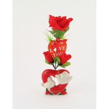 Красив букет цветя от плат върху керамична поставка сърце с птички