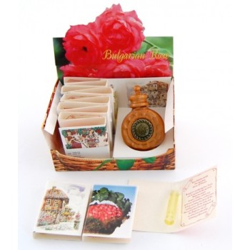 Комплект от 14 броя тематични фолклорни картички с фиолки розова есенция и традиционна дървена бъклица