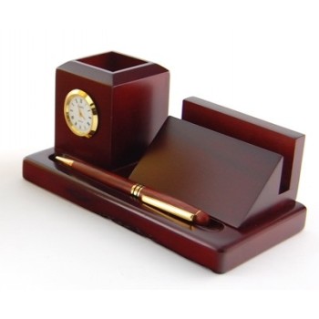 Луксозен дървен комплект за бюро, включващ: визитник, поставка за химикали с часовник и писалка