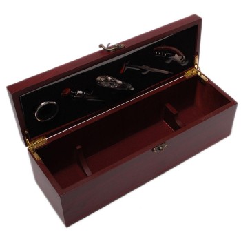 Луксозен комплект за вино от шест части - тирбушон, лиек, тапа, ринг, спиртомер в масивна дървена кутия