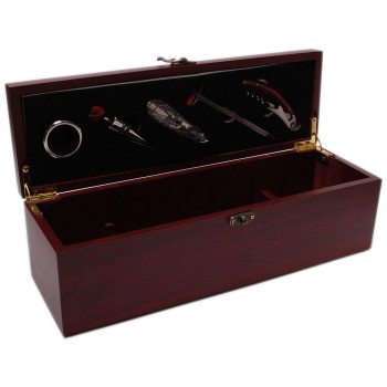 Луксозен комплект за вино от шест части - тирбушон, лиек, тапа, ринг, спиртомер в масивна дървена кутия