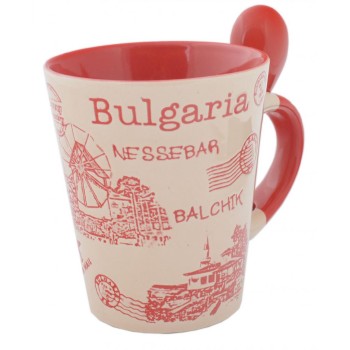 Сувенирна керамична чаша, декорирана със забележителности от Албена, Балчик, Варна и Несебър