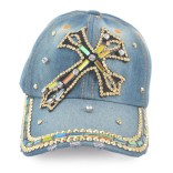 Спортна лятна шапка от дънков плат с козирка, декорирана с кръст и цветни камъни