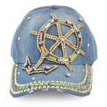 Спортна лятна шапка от дънков плат с козирка, декорирана с рул и котва и цветни камъни