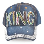 Спортна лятна шапка от дънков плат с козирка, декорирана с надпис KING и цветни камъни