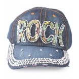Спортна лятна шапка от дънков плат с козирка, декорирана с надпис ROCK и цветни и бели камъни