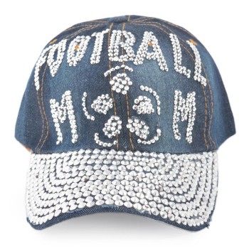 Спортна лятна шапка от дънков плат с козирка, декорирана с надпис FOOTBALL MOM и бели и цветни камъни