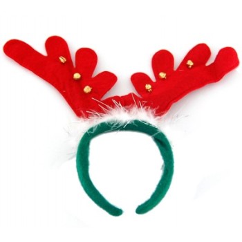 Коледна диадема еленови рога в зелено и червено, декорирана с пух и звънчета