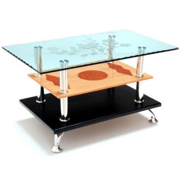 Стилна интериорна маса с три плота - стъкло и дърво и носеща метална конструкция