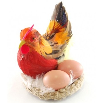 Декоративна фигурка в музикална кошничка - кокошка и две яйца