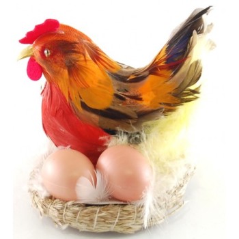 Декоративна фигурка в музикална кошничка - кокошка и две яйца