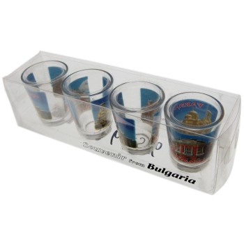 Комплект четири броя сувенирни стъклени чаши с декорация - Варнеската опера и катедрала