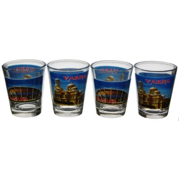 Комплект четири броя сувенирни стъклени чаши с декорация - Варненската катедрала и спортната зала във Варна