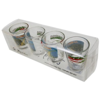 Комплект четири броя сувенирни стъклени чаши с декорация - Албена