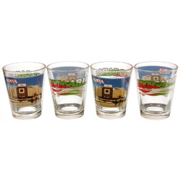 Комплект четири броя сувенирни стъклени чаши с декорация - Национален дворец на културата - София