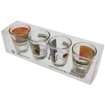 Комплект четири броя сувенирни стъклени чаши с декорация - Приморско, Несебър