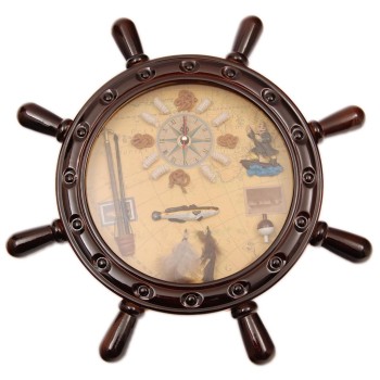 Декоративен стенен часовник - рул с морски мотиви, изработен от дърво