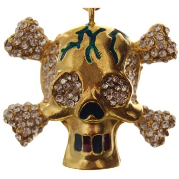 Сувенирен метален ключодържател - череп с кости, инкрустиран с бели камъни