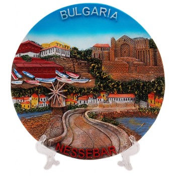 Сувенирна релефна чиния - провлакът в Несебър с вятърната мелница и надпис България