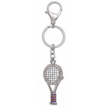 Сувенирен метален ключодържател - ракета и топка за тенис, инкрустирани с бели камъни