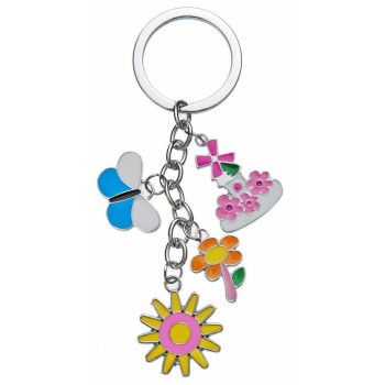 Сувенирен метален ключодържател - четири фигурки - къщичка, пеперуда, цвете и слънце