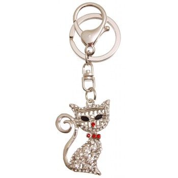 Сувенирен метален ключодържател - котка, инкрустирана с бели и цветни камъни