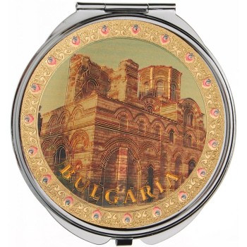 Сувенирно джобно огледало метал, декоративно капаче с лазерна инкрустация - църква в Несебър