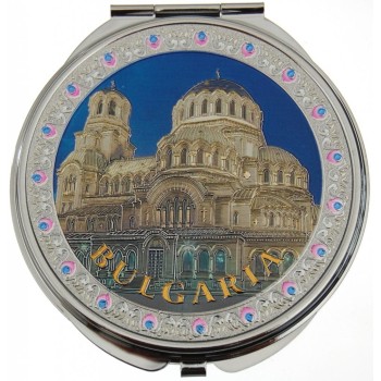 Сувенирно джобно огледало метал, декоративно капаче с лазерна инкрустация - Катедралата в София