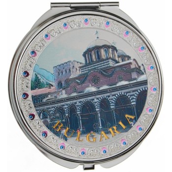 Сувенирно джобно огледало метал, декоративно капаче с лазерна инкрустация - Рилски манастир
